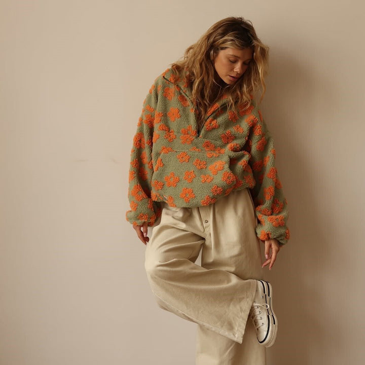 Oversized Teddy Fleece Jacke Blumenmuster Halbzip