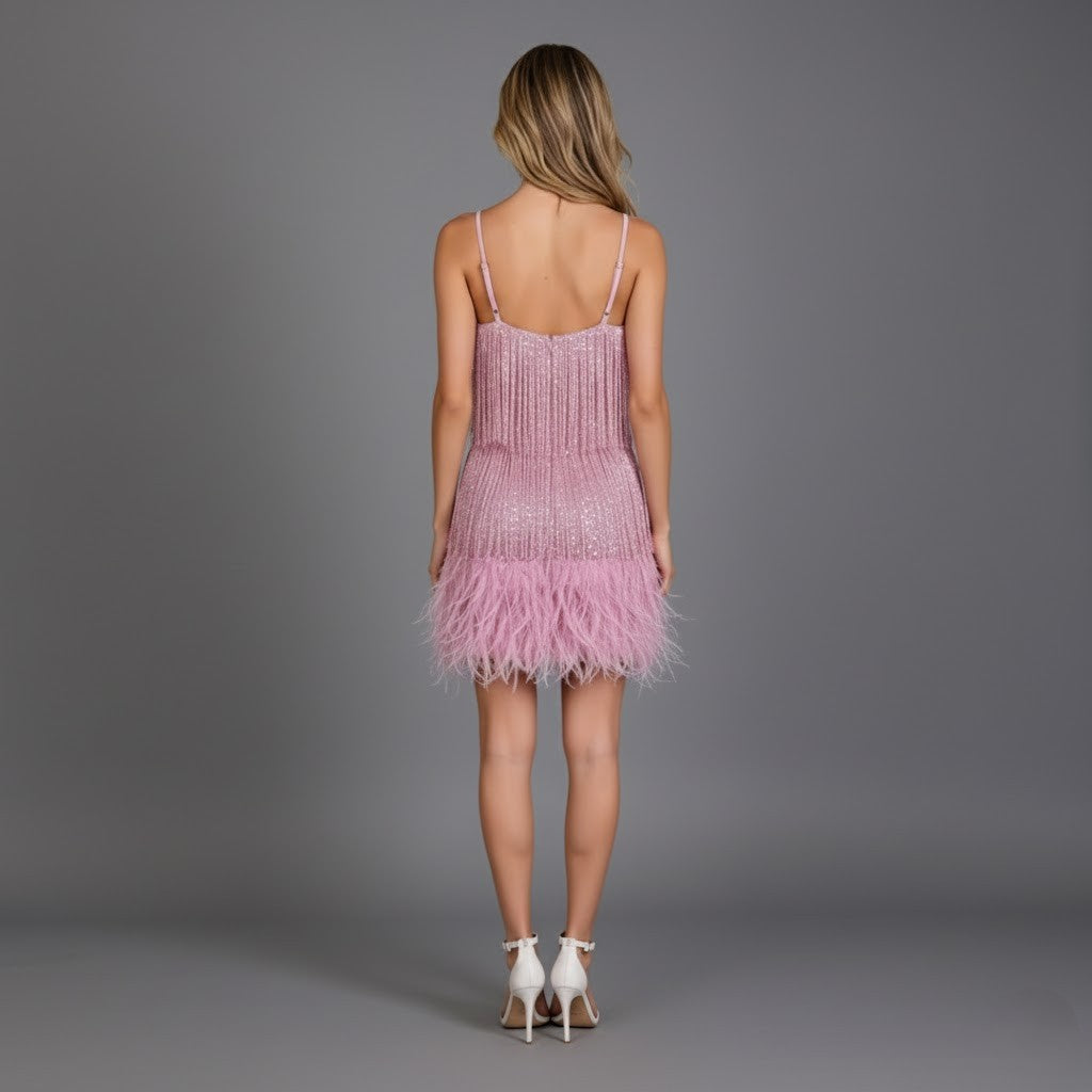 Sandra | Damen Mini Partykleid Mit Fransen Und Federn