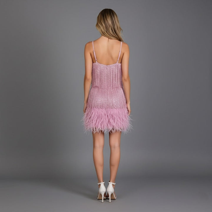Sandra | Damen Mini Partykleid Mit Fransen Und Federn