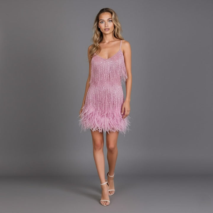 Sandra | Damen Mini Partykleid Mit Fransen Und Federn