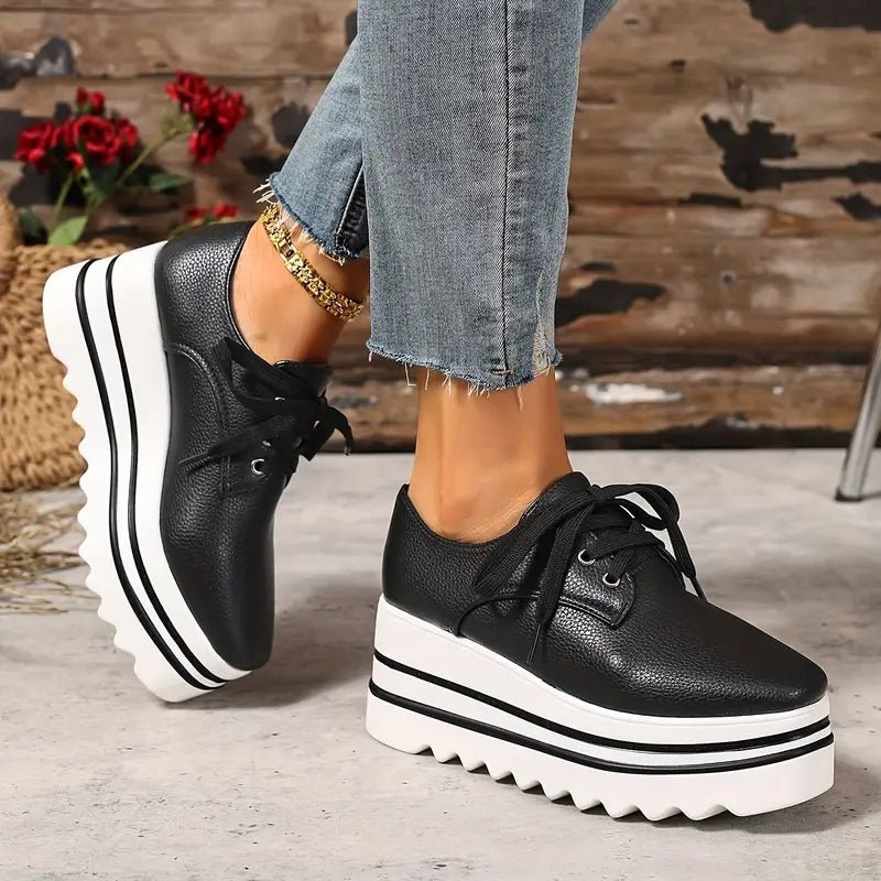 Platform Oxford Schuhe Wedge Sneaker Schnürung - Black