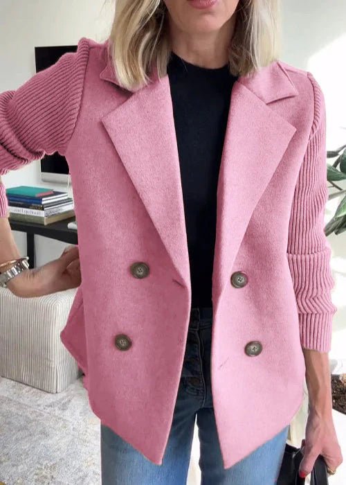 Plus Size Blazer Doppelreihig Rosa Wolle Strick Ärmel - Pink