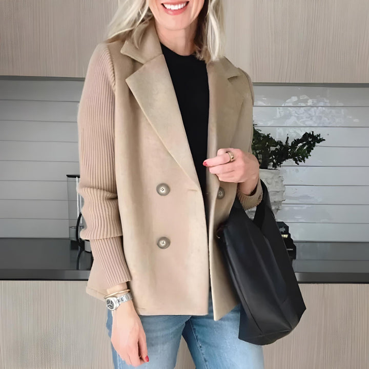Plus Size Blazer Doppelreihig Rosa Wolle Strick Ärmel - Beige
