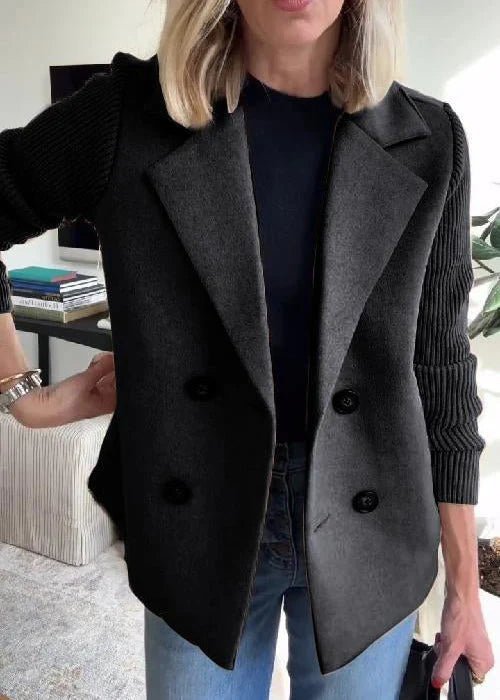 Plus Size Blazer Doppelreihig Rosa Wolle Strick Ärmel - Black