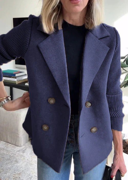Plus Size Blazer Doppelreihig Rosa Wolle Strick Ärmel - Blue