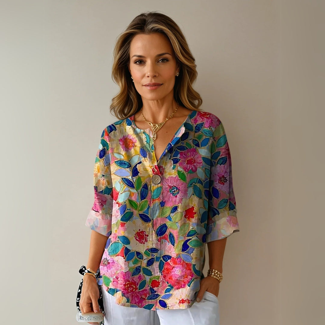 Plus Size Bluse Blumenmuster V-Ausschnitt Dreiviertelarm - Blue - Pink - Red