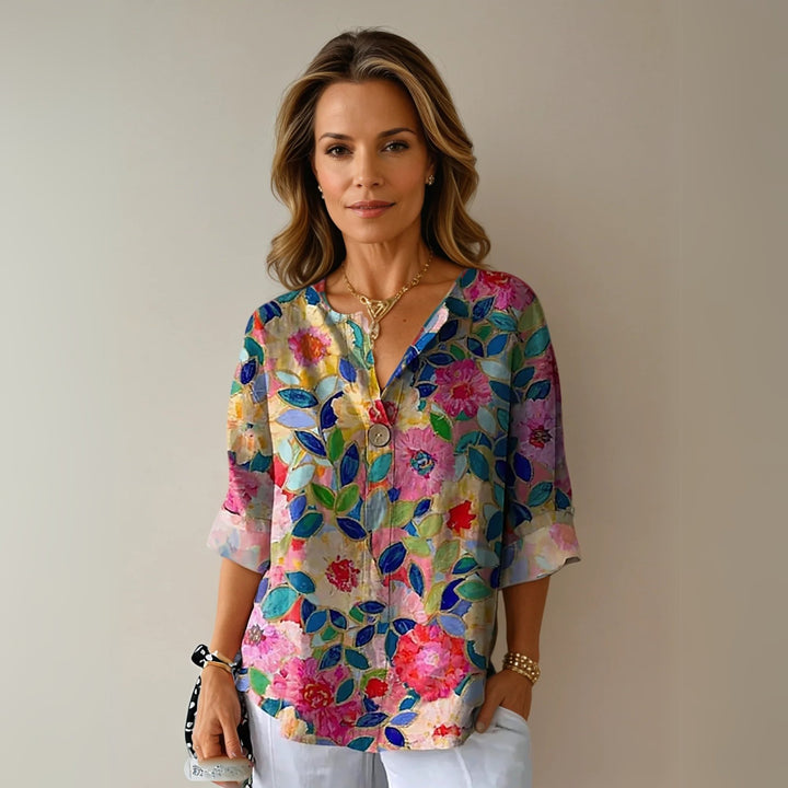 Plus Size Bluse Blumenmuster V-Ausschnitt Dreiviertelarm - Blue - Pink - Red
