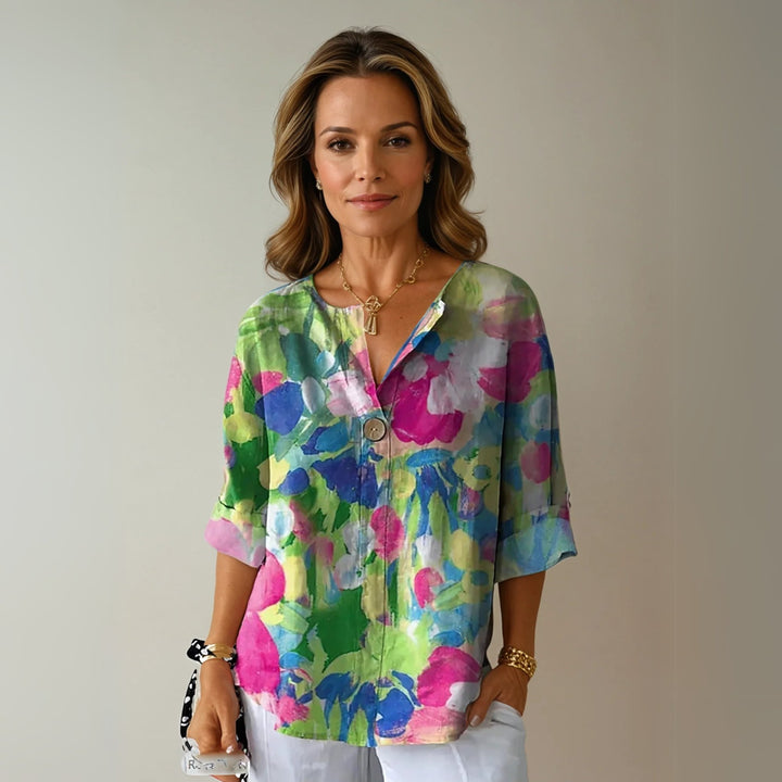 Plus Size Bluse Blumenmuster V-Ausschnitt Dreiviertelarm - Green - Pink