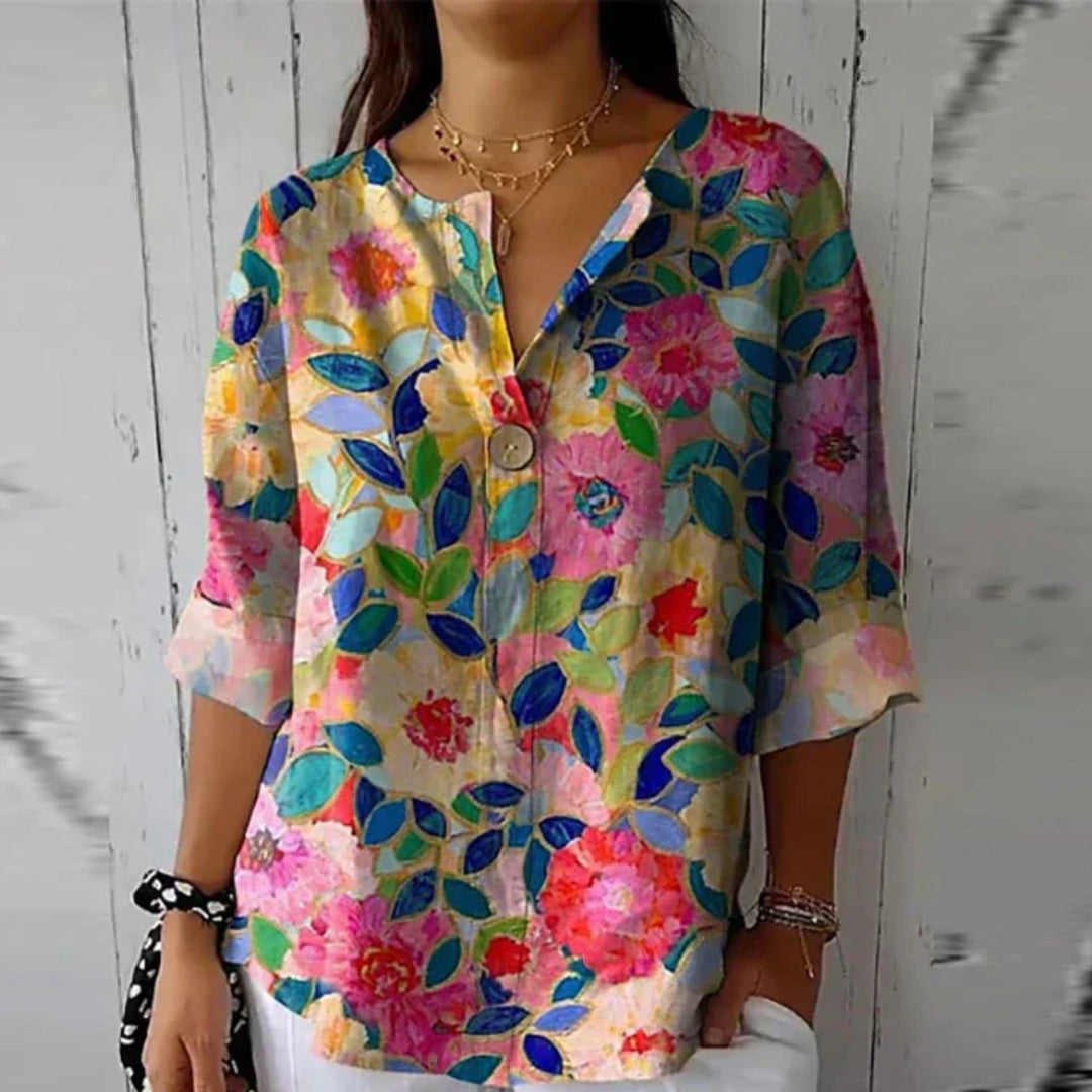 Plus Size Bluse Blumenmuster V-Ausschnitt Dreiviertelarm