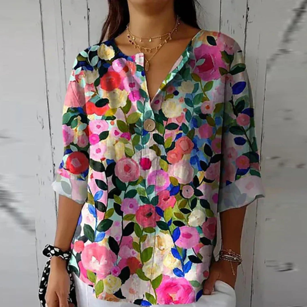 Plus Size Bluse Blumenmuster V-Ausschnitt Dreiviertelarm
