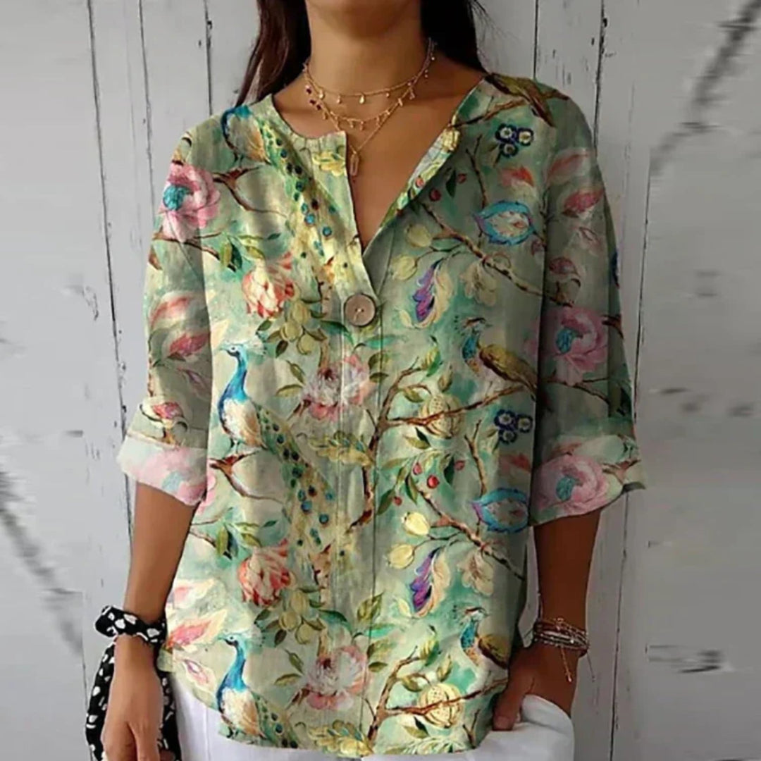 Plus Size Bluse Blumenmuster V-Ausschnitt Dreiviertelarm
