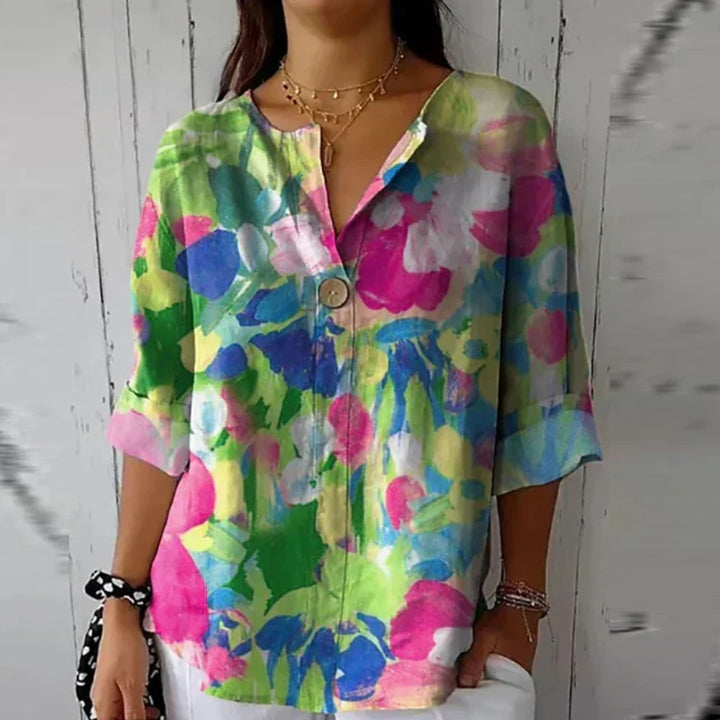 Plus Size Bluse Blumenmuster V-Ausschnitt Dreiviertelarm