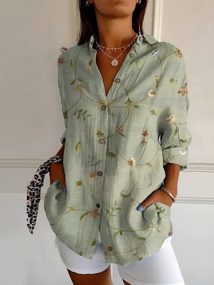 Plus Size Bluse Florale Prints Langarm Knopfleiste - Green