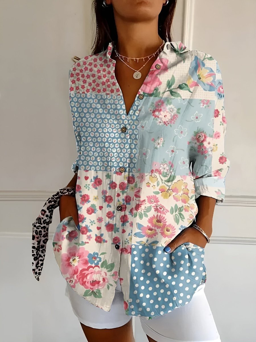 Plus Size Bluse Florale Prints Langarm Knopfleiste - Floral Blue