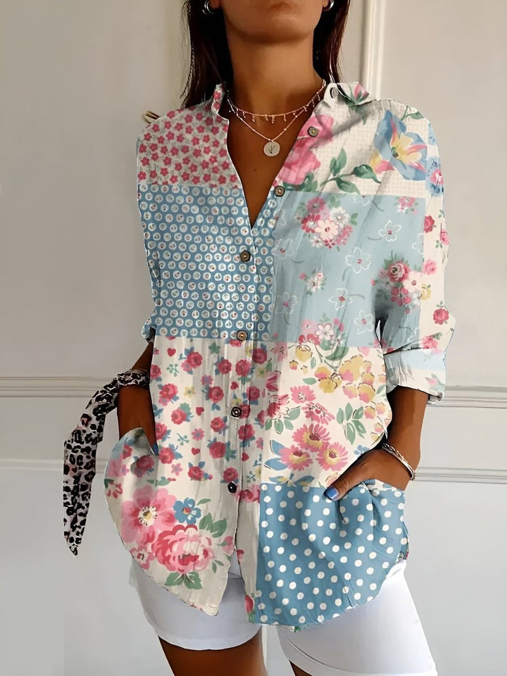 Plus Size Bluse Florale Prints Langarm Knopfleiste - Floral Blue