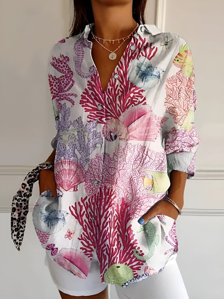 Plus Size Bluse Florale Prints Langarm Knopfleiste - Pink