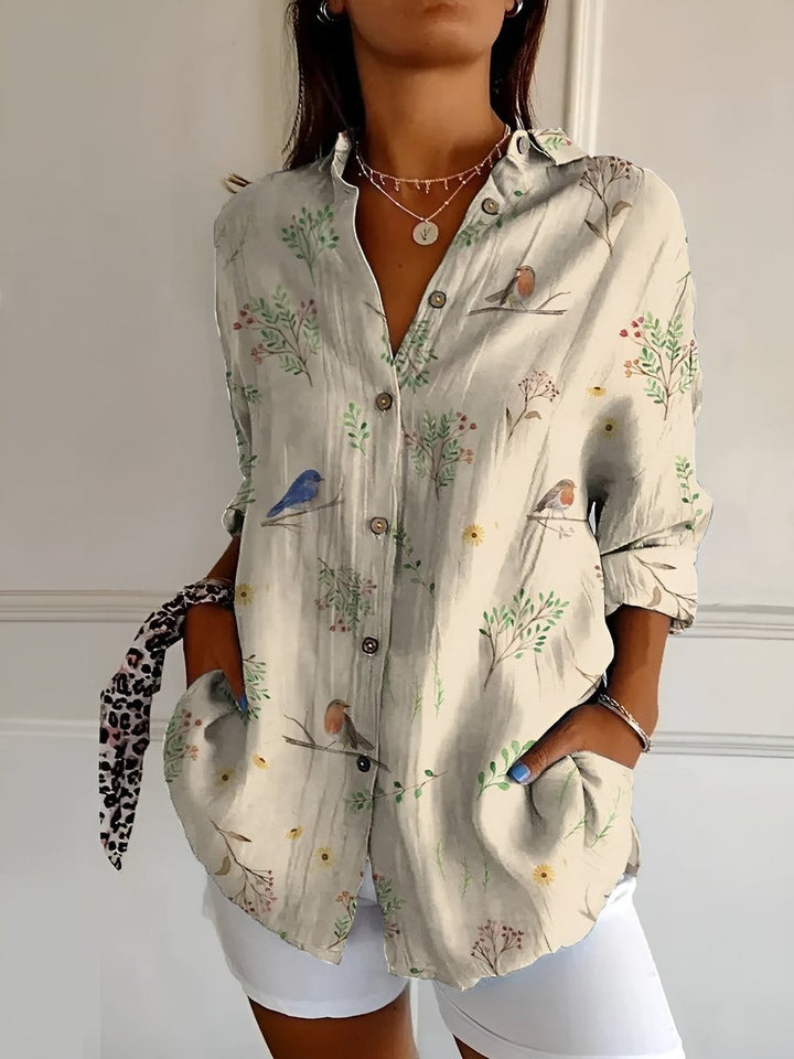 Plus Size Bluse Florale Prints Langarm Knopfleiste - Birds