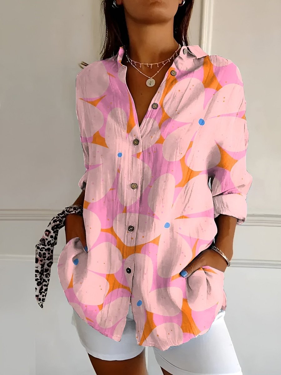 Plus Size Bluse Florale Prints Langarm Knopfleiste - Pink Floral