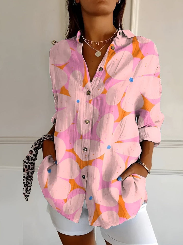 Plus Size Bluse Florale Prints Langarm Knopfleiste - Pink Floral