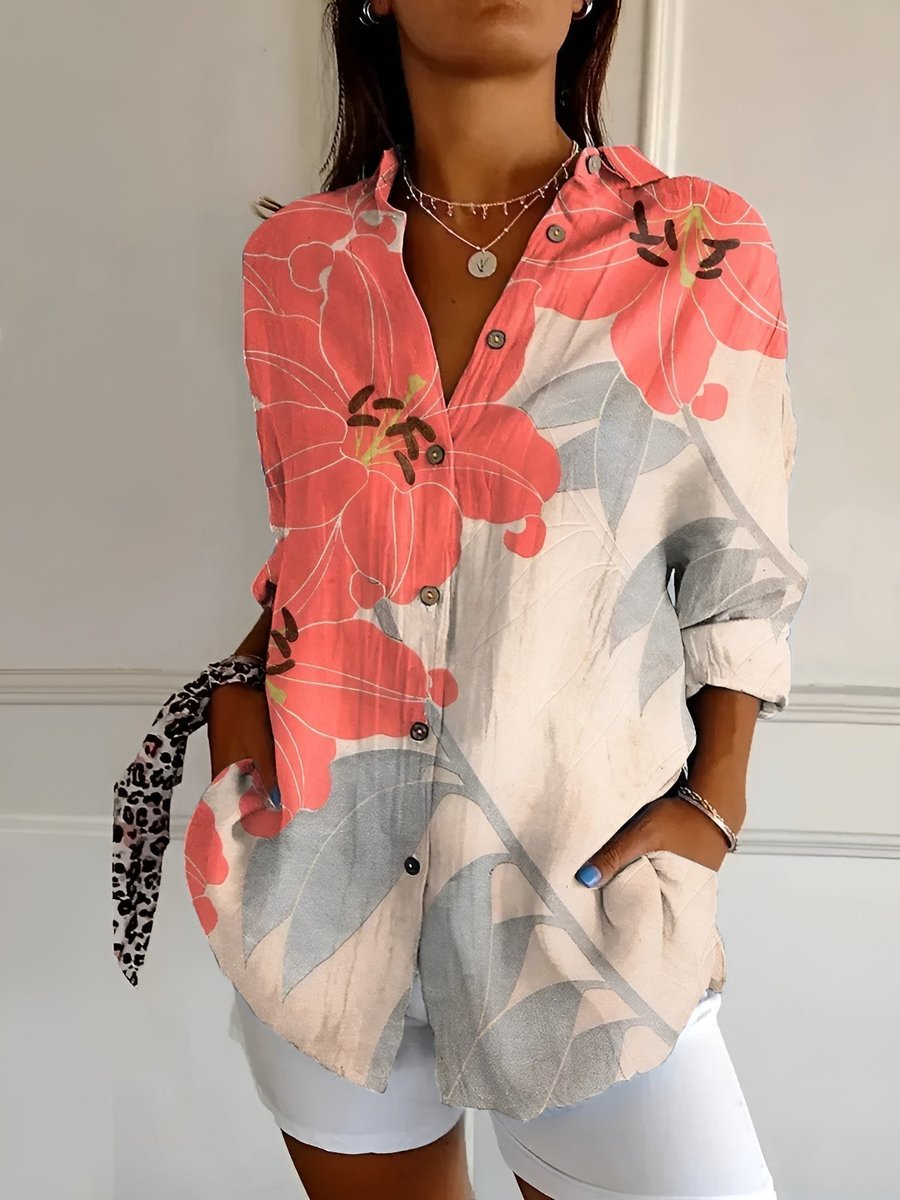 Plus Size Bluse Florale Prints Langarm Knopfleiste - Orange/Gray Floral