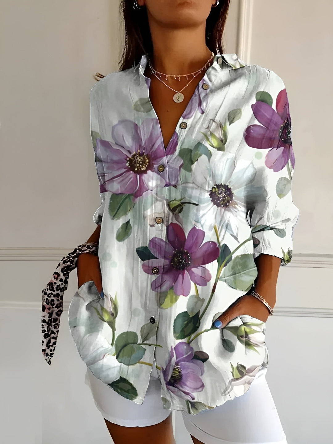 Plus Size Bluse Florale Prints Langarm Knopfleiste - Purple Flowers