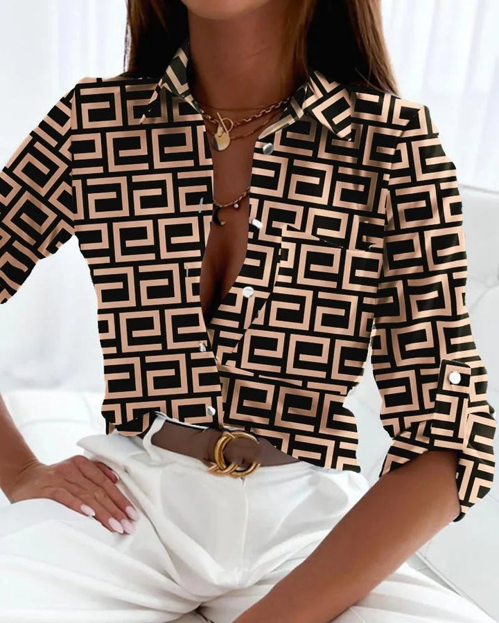 Plus Size Bluse Geometrisch Abstrakt Langarm Elegant - Khaki