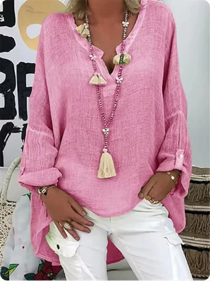 Plus Size Bluse Langarm V-Ausschnitt Entspannte Passform - Pink