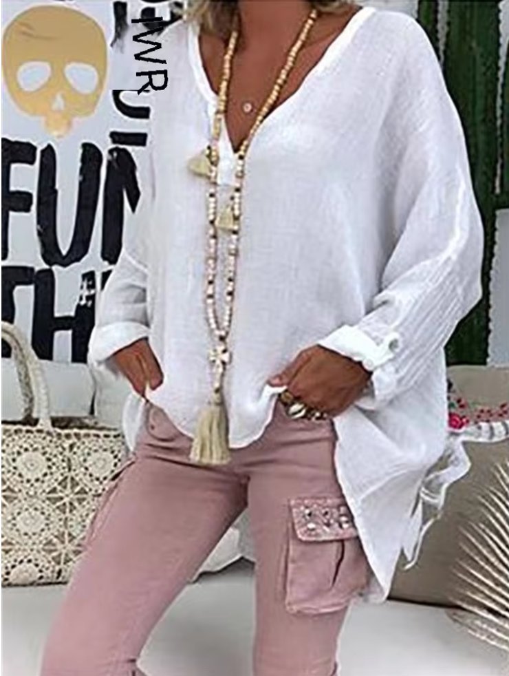 Plus Size Bluse Langarm V-Ausschnitt Entspannte Passform - White