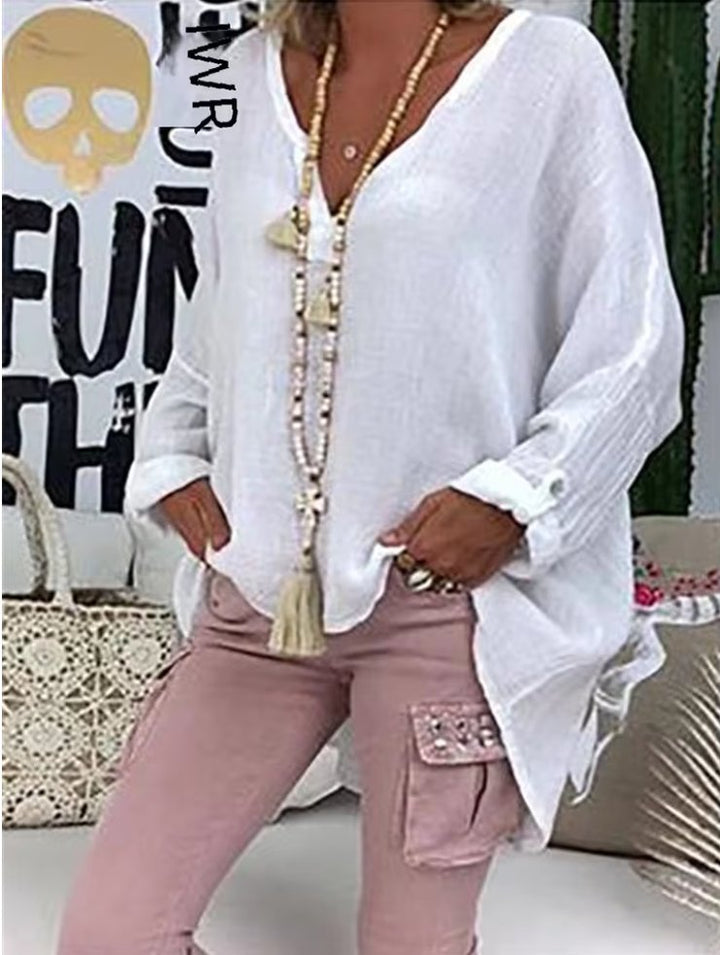 Plus Size Bluse Langarm V-Ausschnitt Entspannte Passform - White