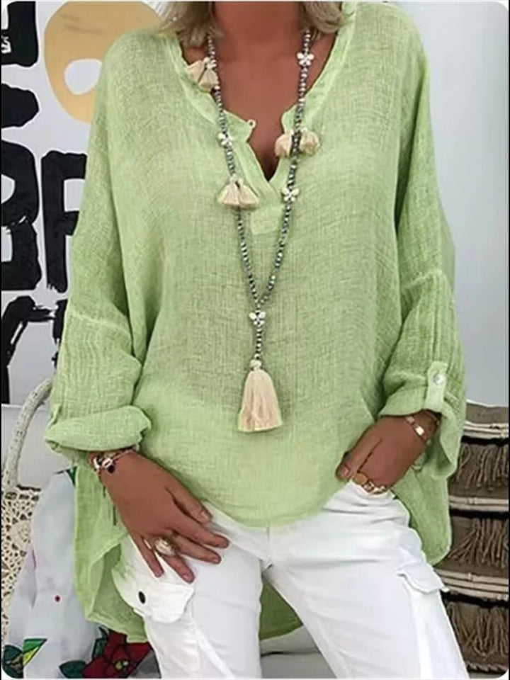Plus Size Bluse Langarm V-Ausschnitt Entspannte Passform - Green