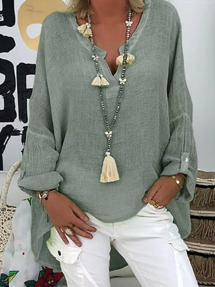 Plus Size Bluse Langarm V-Ausschnitt Entspannte Passform - Green Gray