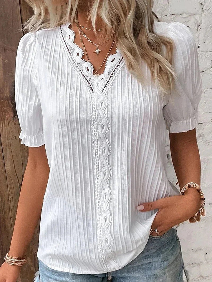 Plus Size Bluse mit Spitze V-Ausschnitt Puffärmel