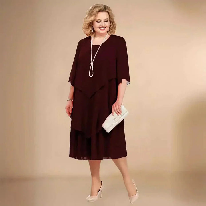 Plus Size Chiffon Kleid Elegant Knielang Schwarz - Dark Red