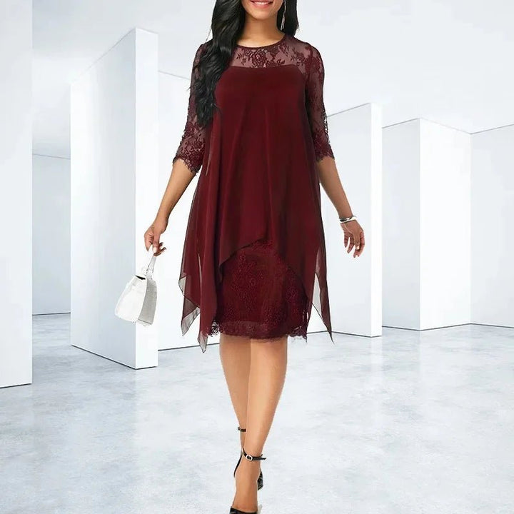 Plus Size Chiffon Kleid mit Spitze und 3/4 Ärmeln - Burgundy