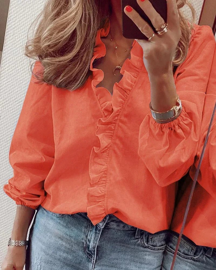Plus Size Damen Bluse Rüschen V-Ausschnitt Ballonärmel - Orange