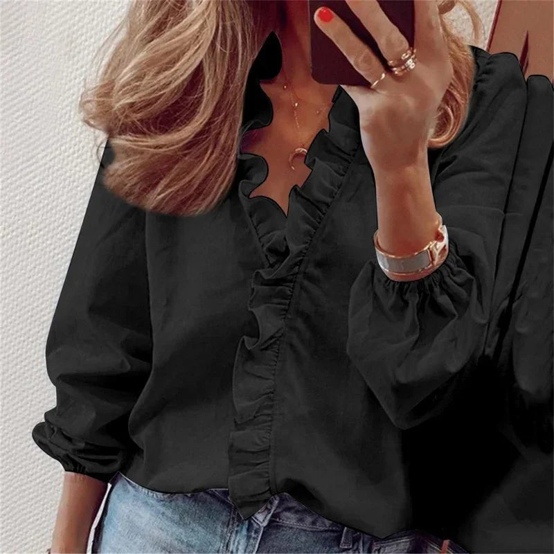 Plus Size Damen Bluse Rüschen V-Ausschnitt Ballonärmel - Black
