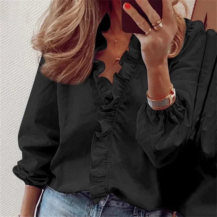 Plus Size Damen Bluse Rüschen V-Ausschnitt Ballonärmel - Black