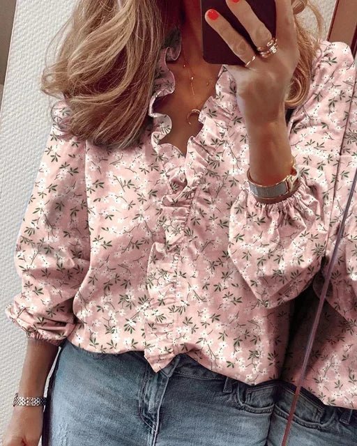 Plus Size Damen Bluse Rüschen V-Ausschnitt Ballonärmel - Pink