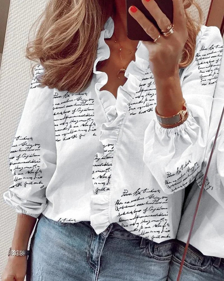 Plus Size Damen Bluse Rüschen V-Ausschnitt Ballonärmel - White Black