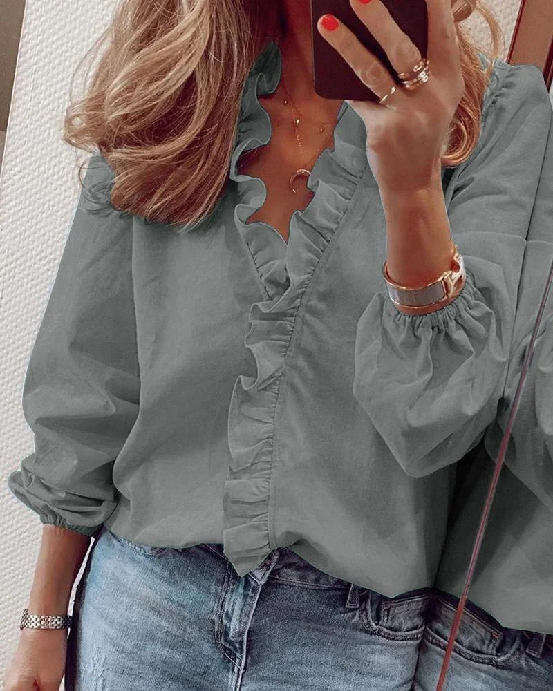 Plus Size Damen Bluse Rüschen V-Ausschnitt Ballonärmel - Gray
