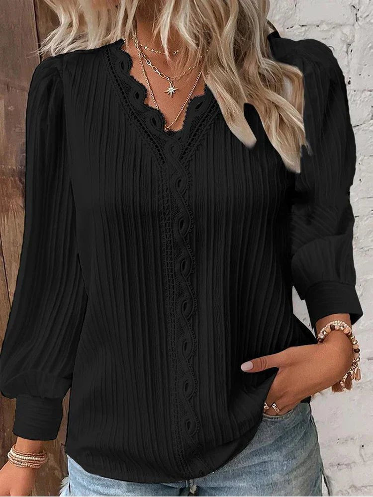 Plus Size Damen Bluse V-Ausschnitt Texturiert Langarm - Black