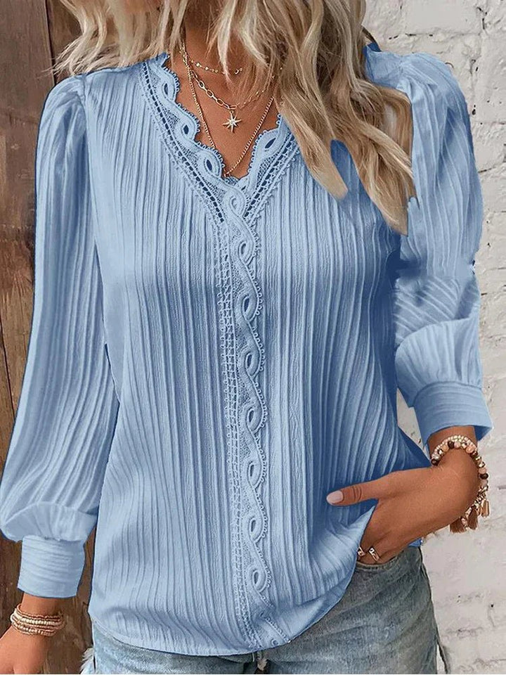 Plus Size Damen Bluse V-Ausschnitt Texturiert Langarm - Light Blue