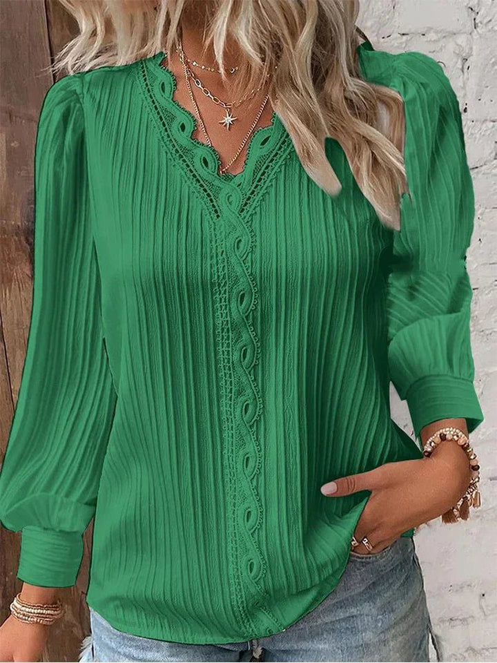 Plus Size Damen Bluse V-Ausschnitt Texturiert Langarm - Green