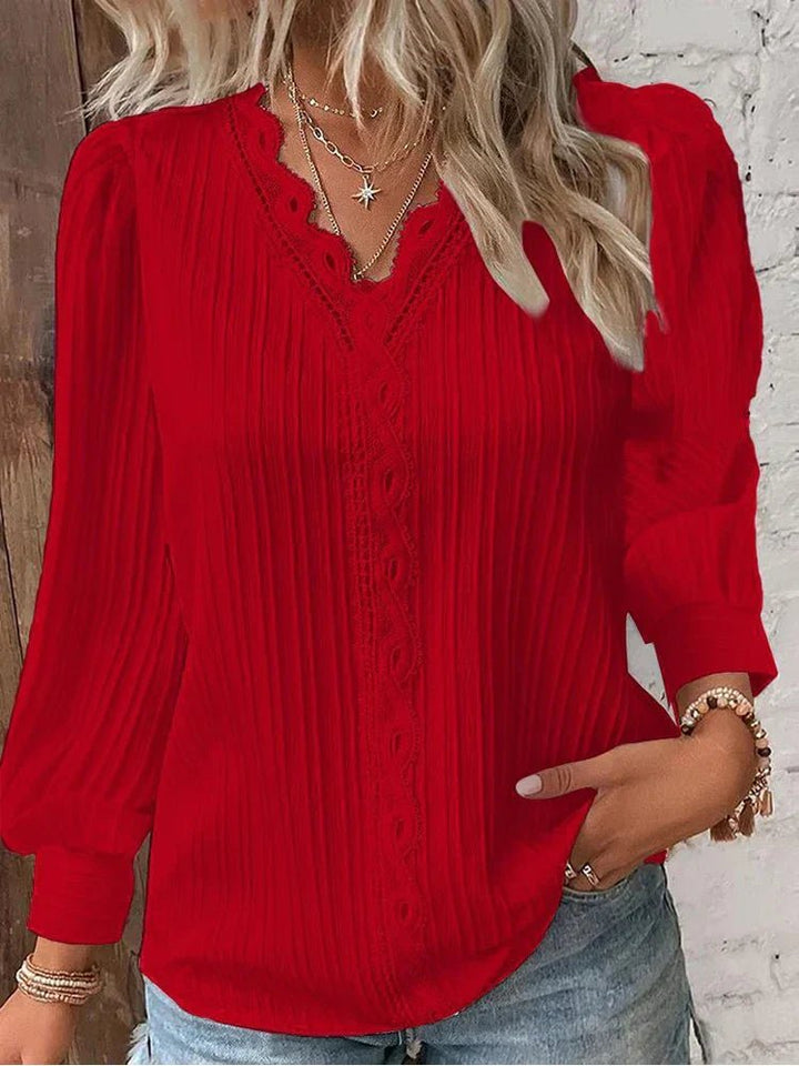 Plus Size Damen Bluse V-Ausschnitt Texturiert Langarm - Red
