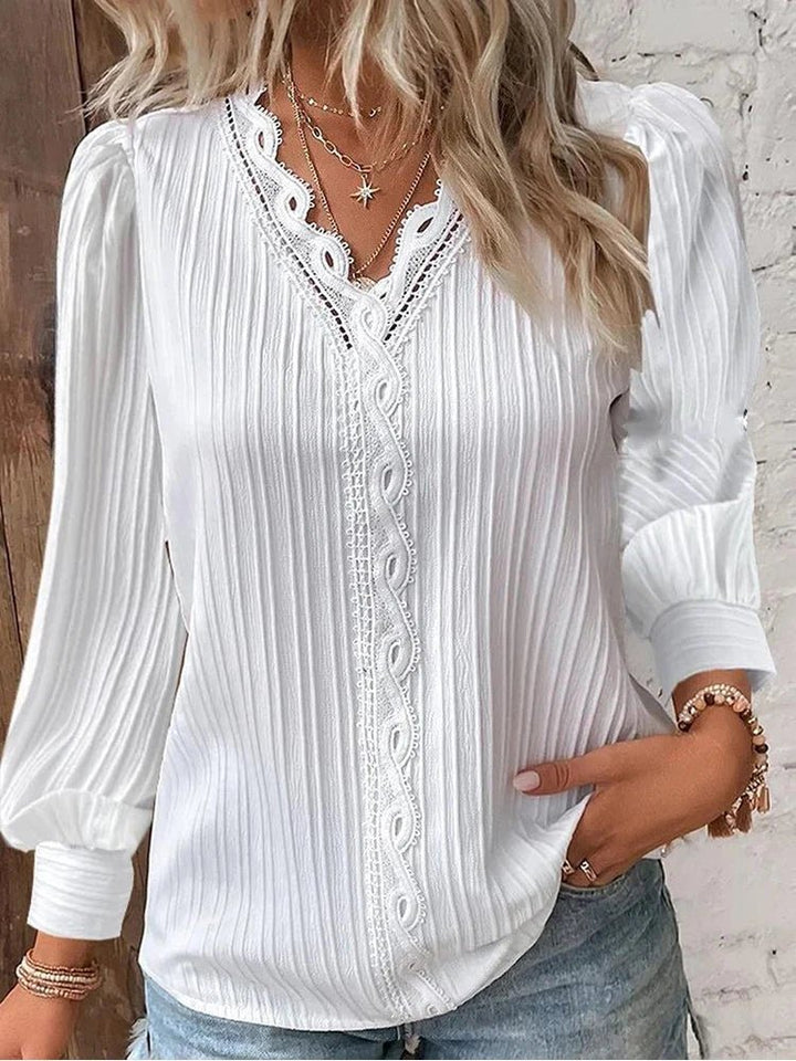 Plus Size Damen Bluse V-Ausschnitt Texturiert Langarm - White