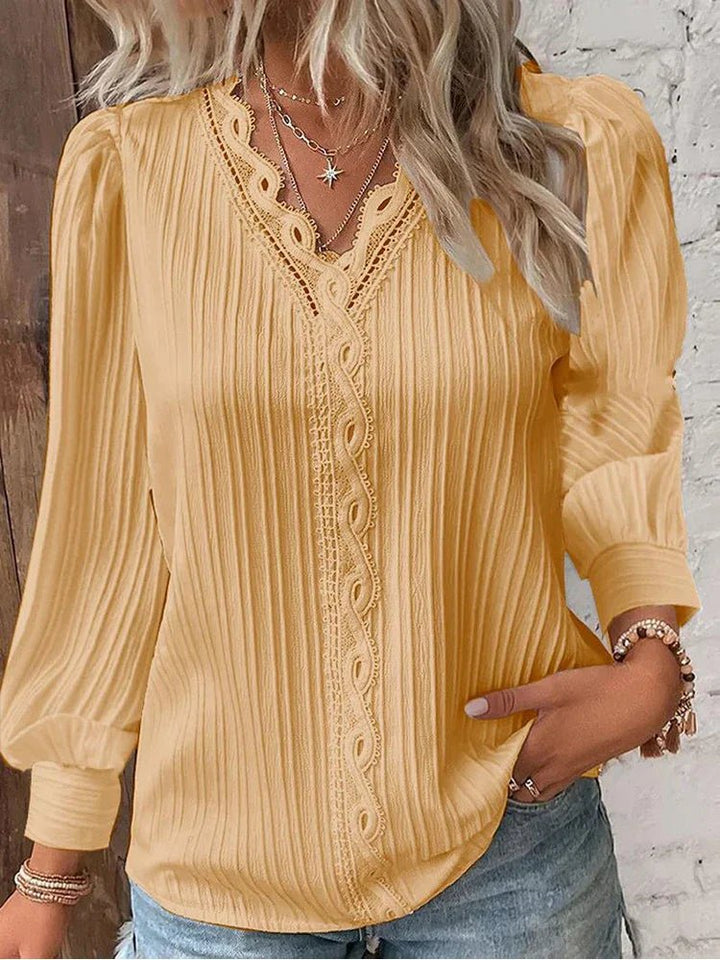 Plus Size Damen Bluse V-Ausschnitt Texturiert Langarm - Yellow