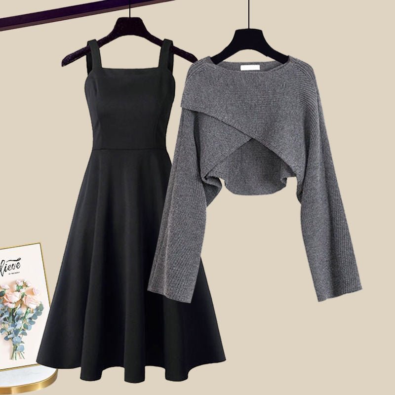 Plus Size Damen Outfit Set Kleid mit Strickjacke Zweiteilig - Grey