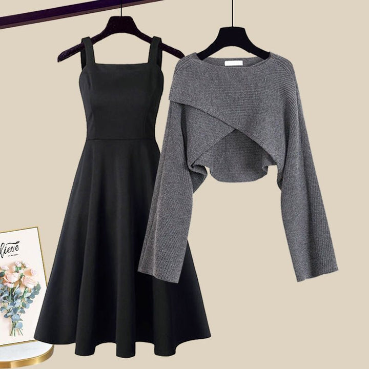 Plus Size Damen Outfit Set Kleid mit Strickjacke Zweiteilig - Grey