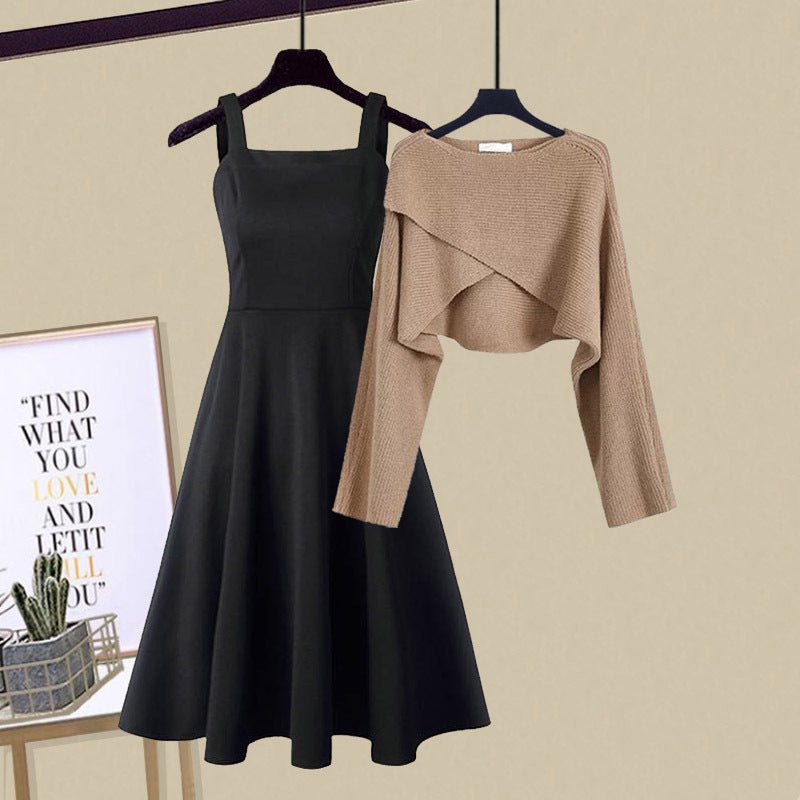 Plus Size Damen Outfit Set Kleid mit Strickjacke Zweiteilig - Brown