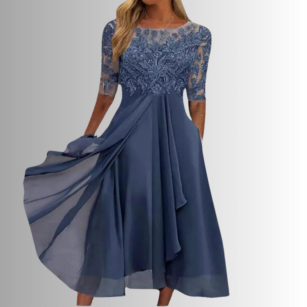 Plus Size Damen Spitzenkleid Elegant Midi A-Linie Langarm - Blue
